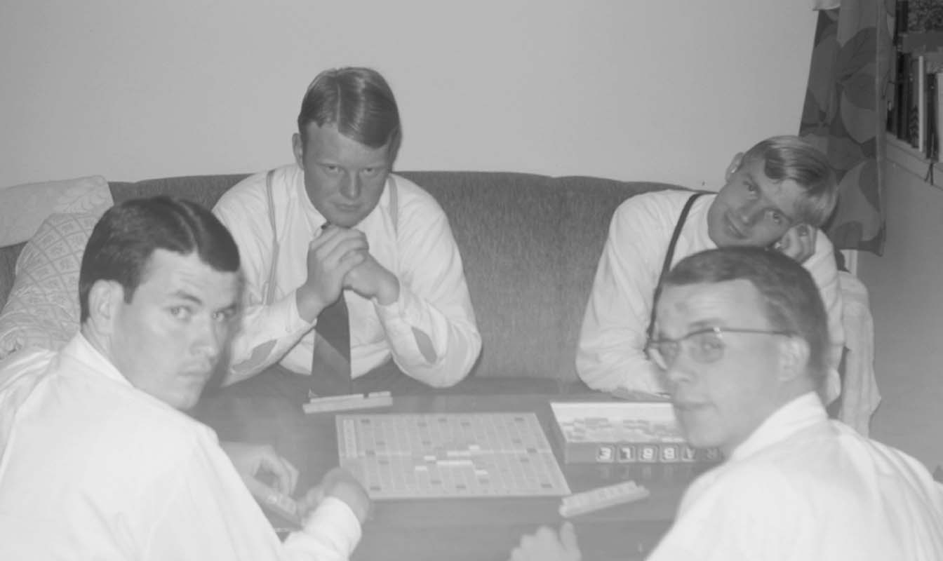 Foreground: APs Duane Smith and Miles Crabtree.  
Background: Elders Don Barton and Dale Kerksiek.
Playing missionary Scrabble!
Brent  Overson
17 Oct 2005