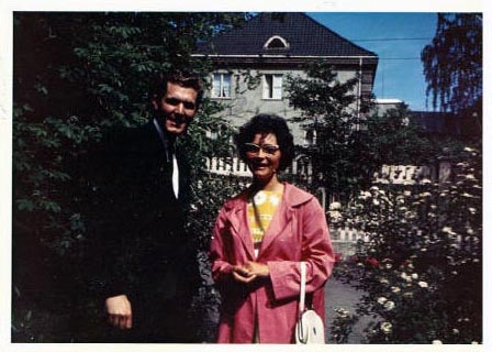 Here are Sister Greve and I in the Rose Garden at Drammensveien 96B, on Oslo, Norway, in the summer of 1963, after her recent baptism and that most-embarrassing moment following Sunday School.
Harold  Oak
28 Dec 2005