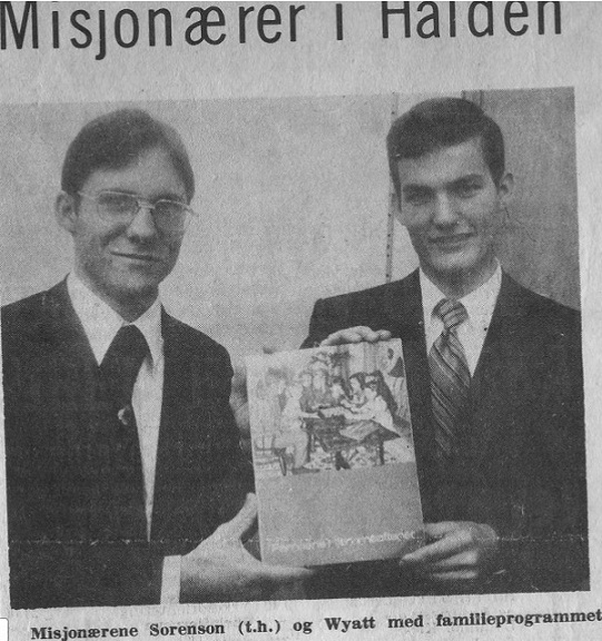 Halden newspaper publishes an article on the Mormon missionaries E. Wyatt and E. Sorenson who offer the Family Home Evening program
John Kenton Wyatt
02 Dec 2011