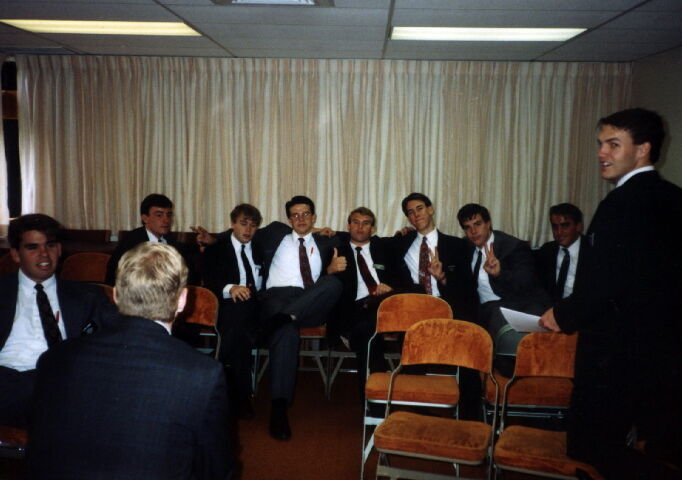 Following Sunday meetings, the Elders would stay after and be instructed by thier fearless Zone Leader, Elder Cummings. (from left to right, Elders Henrie, Johnson, D?, Sorensen, ? Kessler, Bartlet, Johnson
Mark E Kessler
17 Mar 2004