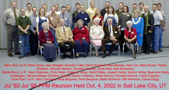 PPM reunion held in Salt Lake City, Utah, October 4, 2002 for missionaries who served with the Derricks during 1992-1995
Thales A. Derrick
11 Oct 2002