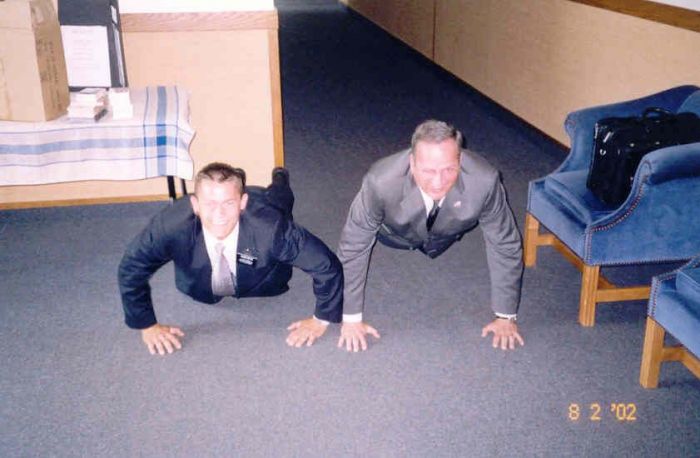 '02- President CAMERON DOING PUSH UPS WITH AN ELDER
Ashley Dawn Neilson
12 Feb 2003