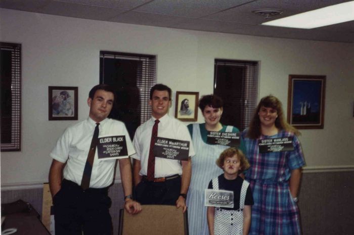circa 1990 - goofing off at the mission office.  
E. Black, E. MacArthur, Sis. Cheshire, Sis. Wanlass, and Karen Tingey
Carol Leigh Cheshire Wagner
17 Oct 2003