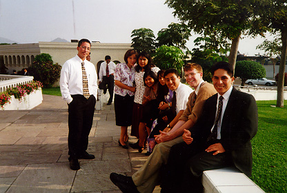 Picture from the first-ever reunion of misioneros retornados from the Perú Lima Central Mission: Luis Huancas, Diana Briceño, Luzmila Pampa, Angelita Effio, Nancy Tafur, Armando Polo, Jon Plowman, and John Narro at the Lima temple, July 5, 1997.
Jonathan L. Plowman
02 Jul 2001