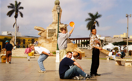 Brinton Frisby, Mike Nicholas, Jon Plowman, Jorge Torres, and Marco Guerrero horsing around at the Trujillo Plaza de Armas, August 3, 1999
Jonathan L. Plowman
10 Jul 2001
