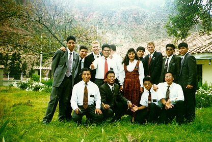 Multi-zone Easter conference in Urubamba, April 1996 (L-R) - 1st row: Elders M?dez, Hurtado, Ccoillo, and Huancas; 2nd row: Elders Flores, Núñez, Bryner, Huanilo, Bay; Hermana Pelinco; Elders Quispe (Edwin), Plowman, Maldonado, and Uceda
Jonathan L. Plowman
10 Jul 2001