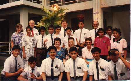 A. Roy Boulter was mission president when the Bacolod Mission was formed from the Cebu Mission (July 1987). At that time Bacolod Mission included the western half of Cebu island (mission home was in Cebu), Negros and Panay islands.  Sister Boulter (very short hair) in the center with Sister Eve Messinger (now Owens) on her right.
Charles J. Thiot
23 Feb 2004