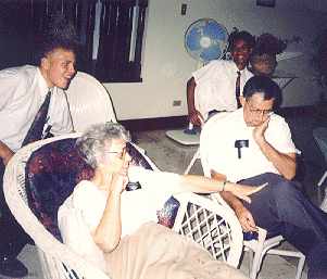 Elders Huff, Anderson, Coloma and Elder Caliguiran were at the mission home watching a special Inside Edition on the Church but  President Snell and Sister Snell both fell asleep. Sister Snell awoke right before the picture was taken.
Charles J. Thiot
23 Feb 2004