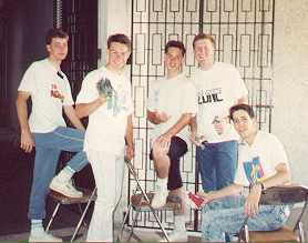 This picture was taken on April 26, 1990 at the Lizares Chapel in Bacolod City. The Bacolod Zone was doing a service project cleaning the building. From left to right: Elder Hepworth, Elder Larson, Elder Smith, Elder DeWidt, & Elder Borden. What? Elders without a white shirt and tie?
Charles J. Thiot
23 Feb 2004