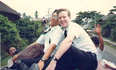 Elder Ohumukini & Elder DeWidt riding on the roof of a jeepney in Dumaguete in Dec.1989
Charles J. Thiot
23 Feb 2004