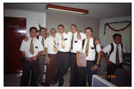 This was taken my last daybefore going home at the mission office. It has all of my comps except Elder Haight, sentillas, and my kid Elder Keating. Elders, Bushman, Horton, Parmenter, me Dewitt, and Rees are in the picture.
Andrew Brice Lindsay
11 Jan 2005