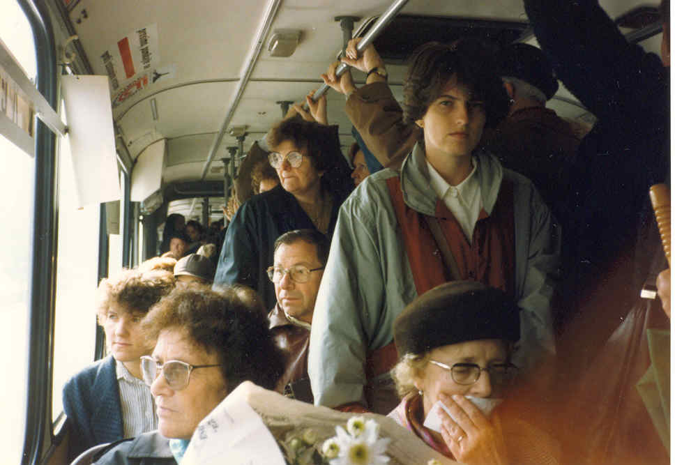 A typical ride on the downtown busses of Ljubljana.  Imagine yourself wedged at the entrance with your coat or foot still stuck in the door.
Richard Paul Woodruff
20 May 2003