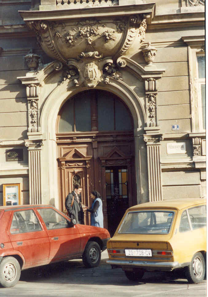 A familiar site to all Zagreb missionaries.  The church was on the second floor, with the mission apartment next door.  Here, Elder Bryan converses with 'Baka'.
Richard Paul Woodruff
20 May 2003