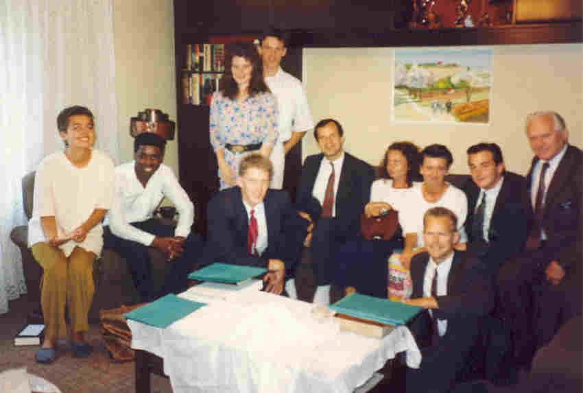Church meeting in 1990.  We used to meet in Sestra Klenovshek's apartment (the sacrament's on the coffee table).
Richard Paul Woodruff
31 Jul 2003
