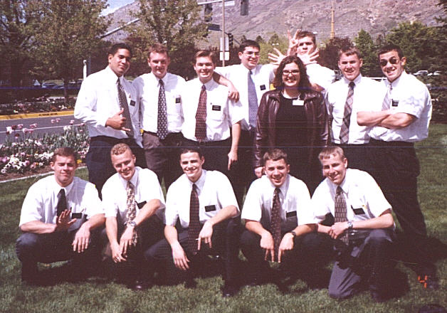 Provo MTC District May 4, 2002.  The sister is Sister Syphus.  Elder Walker is second from the right.  Elder Chapman is behind Sister Syphus.
Rusty  Walker
24 Jun 2002