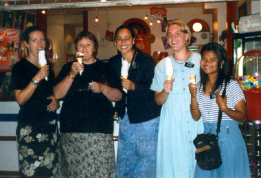 Me, Jean DeVeliers, Sister Hunt, Sister Daniels and Sister Rabenandrasana enjoy a monster cone at Milky Lane.  Goodness, Sister R, were you hungry?
Jennifer Ruth Dibble
17 Jul 2002