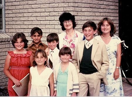 Oct 1981
Sis Bester and children (plus a few stray ones)  Meadow Ridge Chapel, Cape Town.  In 1998 I visited the Meadow Ridge Ward and spoke with Sis Bester who still attends.  When I told her how long ago I had served there she remarked 