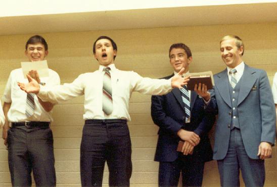 Talent Show, Oct 1982, MTC, Provo.  L-R, Glasgow, Lussier, Gardner, Streeter.  Frere Lussier always knew how to bring it home!
Lane B. Glasgow
25 Aug 2005
