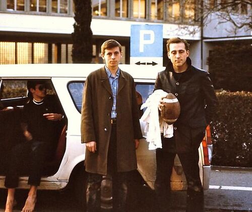 Elder Don Rowley and Elder Rick Hinks after a P-Day football game in Lausanne late spring 1972.  The Elder in the car is, I think, Elder Richard Sonne.
Don G. Rowley
09 Nov 2010