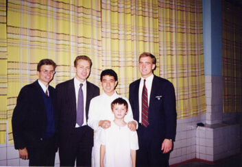 If my memory serves me right, this was taken at a baptismal service that had both the Left Bank and Lesnoy branches in attendance. From left to right- Elder Don Kilpatrick, Elder Petr Tichon, Elder Hiroaki Mizuno, Volodya, and Elder Matthew Walker.
Donald Gates Kilpatrick III
22 May 2006