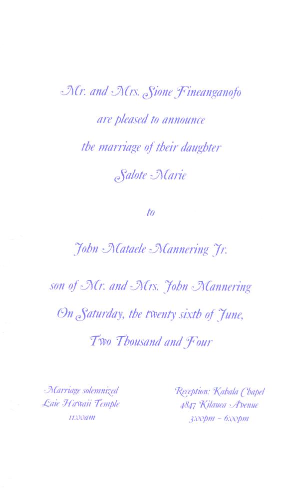 Aloha Everyone!
Salote Marie Mannering
08 Jun 2004