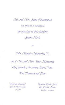 Aloha Everyone!
Salote Marie Mannering
08 Jun 2004