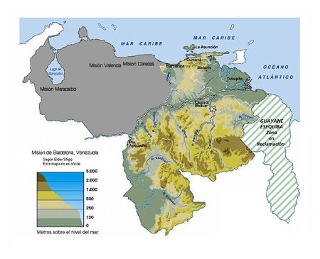 This is a map of the mission boundaries. It is as good as I can remember it. The white parts are other countries, the grey are other missions in Venezuela and the green and white part is an area Venezuela has been trying to reclaim for many years. Click on it to make it larger. 
Haz un click en la foto para verla más grande.
Webmaster Shipp
13 Jul 2003
