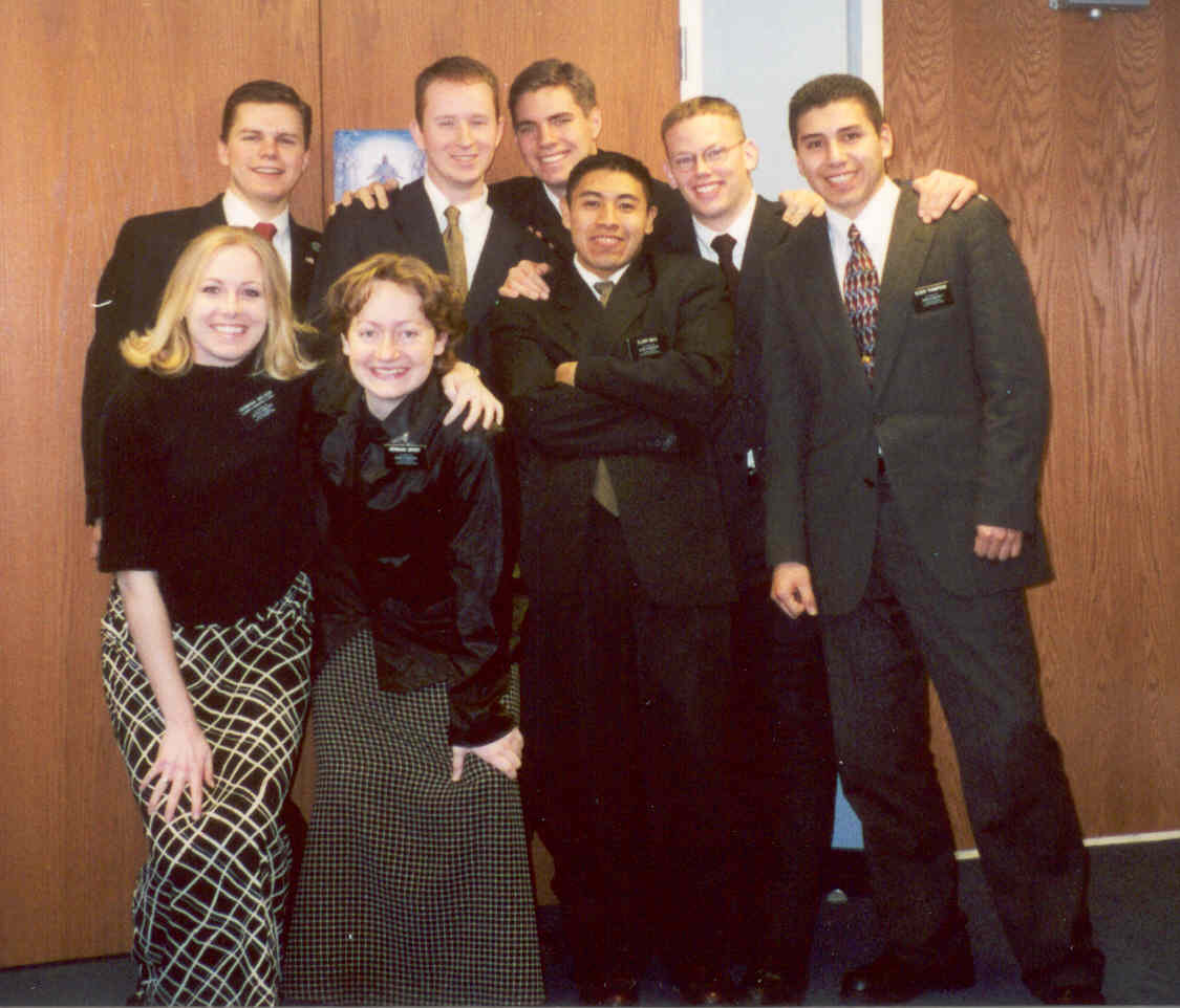 Back: Elders Baker, Bangerter, Ford, Newell and Thompson 
Front: Sisters Nielsen, Broby and Elder Miza
Aaron C Bangerter
19 Oct 2002