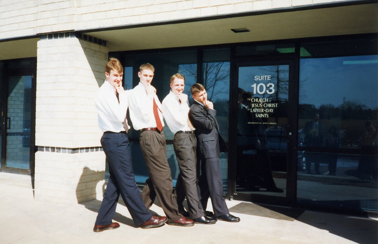 Pabst, Thorup, Waite, and Meier in front of the Mission Office.  If only Elder Sacks were there!
David  Pabst
26 Aug 2003