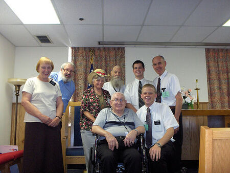 The first LDS service ever held, on 02 August 2007, at the Armed Forces Retirement Home.
From left to right:  Charlotte Mecham, John Mallernee, Doris Jones, Alvin Merx (in wheelchair), Bruce Mundy, Elder Jueschke, Elder Ellsworth (kneeling by wheelchair), Ray Mecham.

Read my report of this meeting at:

http://writesong.blogspot.com/2007_08_01_archive.html

(Scroll down to topic, 