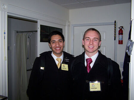 Elder Montoya, from Hermosillo, Mexico, and Elder Frizzell, from Murrieta, California, missionaries in The Church of JESUS CHRIST of Latter-day Saints, visiting John Robert Mallernee in his room at the Armed Forces Retirement Home in Washington, D.C. on Monday 12 January 2009.
John Robert Mallernee
12 Jan 2009