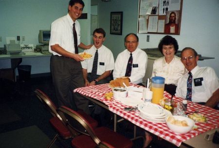 Elder Freeman's birthday... with me, Elder Kohler, and Sister/Elder Jones.
That printer was SLOW!  I was so happy when they got the new one.
David  Pabst
26 Aug 2003