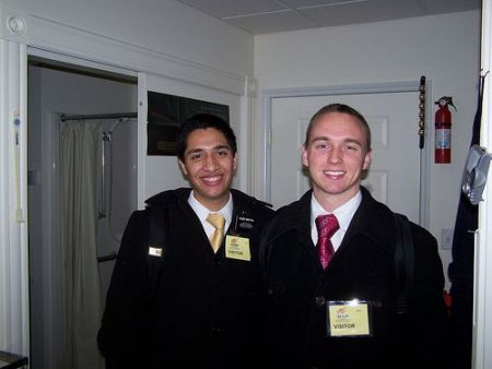 Elder Montoya, from Hermosillo, Mexico, and Elder Frizzell, from Murrieta, California, missionaries in The Church of JESUS CHRIST of Latter-day Saints, visiting John Robert Mallernee in his room at the Armed Forces Retirement Home in Washington, D.C. on Monday 12 January 2009.
John Robert Mallernee
12 Jan 2009